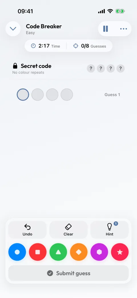 A Code Breaker round showing guessed colour rows and their marks