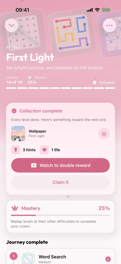 A finished collection in Winters Puzzles showing its wallpaper reward