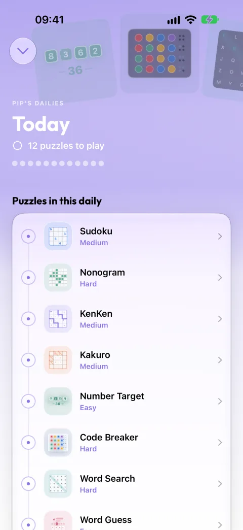 Pip’s dailies page for today showing the full 12-puzzle set