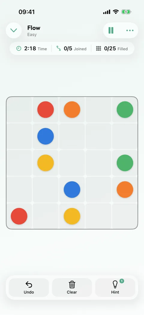 A Flow board with coloured paths joining pairs of dots