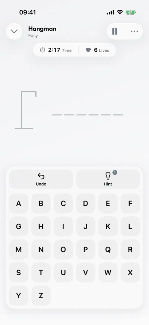A Hangman round in Winters Puzzles with the blanks and the keyboard below