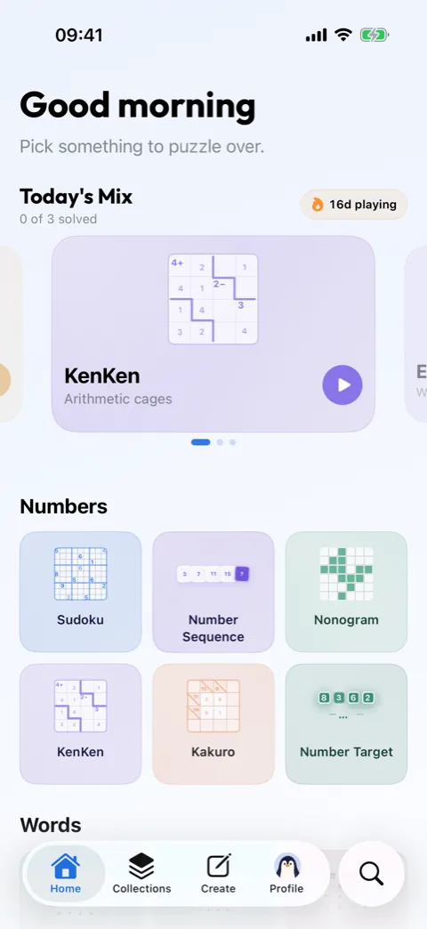 The Winters Puzzles home screen showing Today’s Mix and the puzzle library