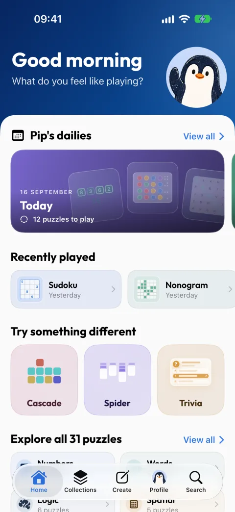 The Winters Puzzles home screen showing Pip’s dailies, recently played games and the puzzle library