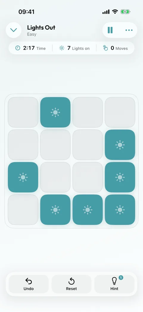A Lights Out grid in Winters Puzzles with some tiles still lit