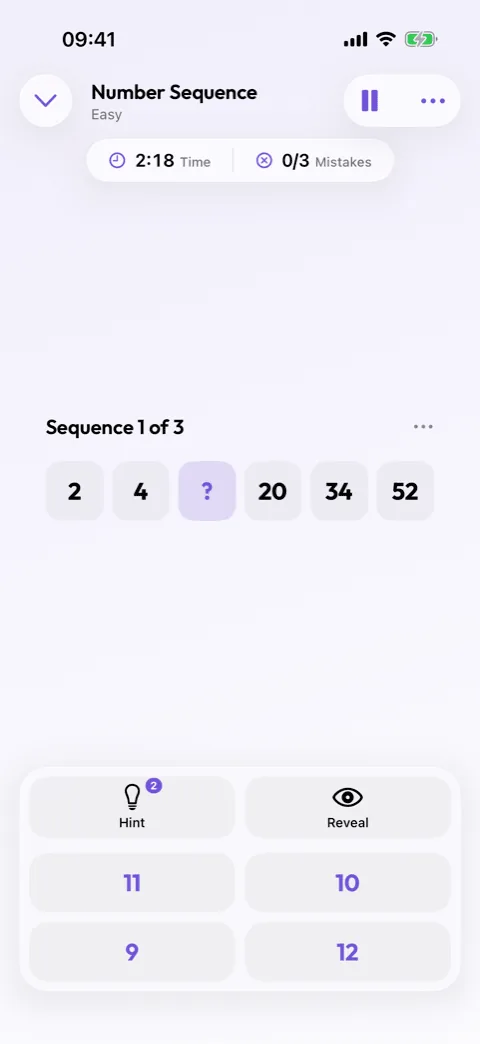 A Number Sequence round in Winters Puzzles showing the run of numbers and four answers