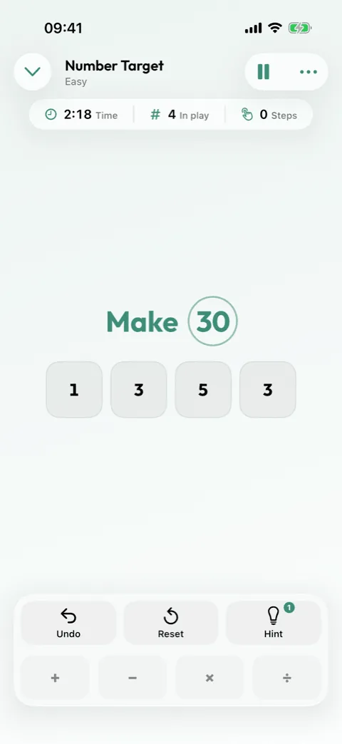 A Number Target round in Winters Puzzles showing four numbers and the target