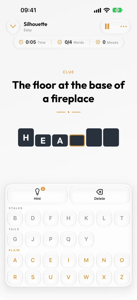 A Silhouette clue in Winters Puzzles with a word partly filled into its letter shapes