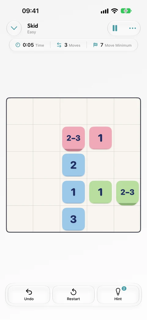 A Skid board in Winters Puzzles with coloured numbered stacks partway through a solution