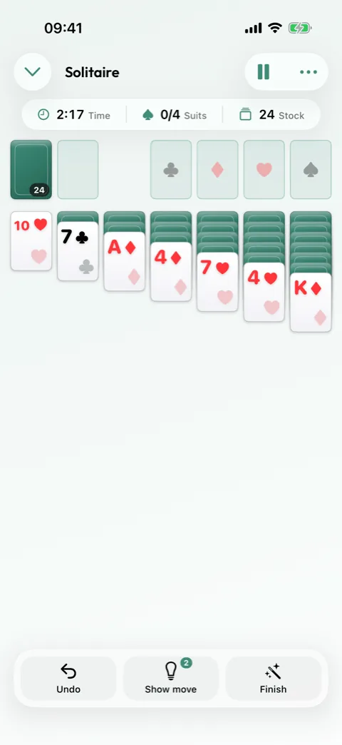 A Solitaire deal in Winters Puzzles with the tableau and foundations