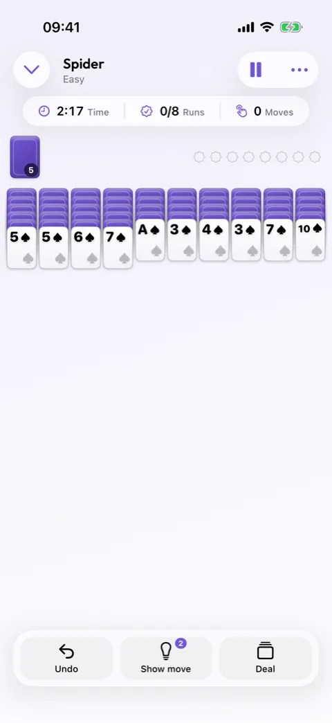 A Spider deal in Winters Puzzles with its columns of cards