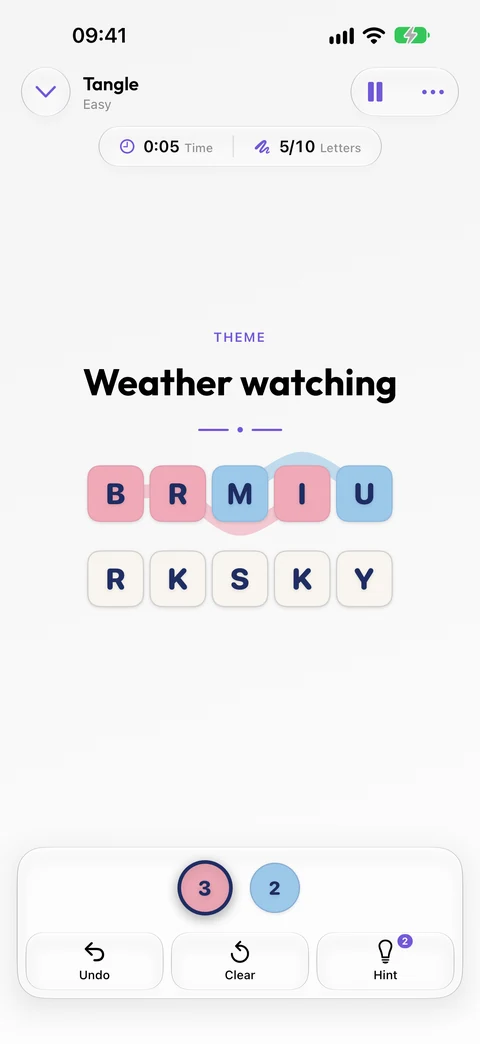A Tangle board in Winters Puzzles with letters partly coloured beneath the daily theme