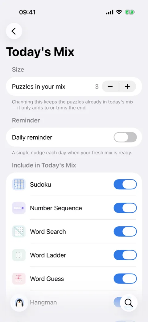 Today’s Mix settings in Winters Puzzles, showing the size stepper, daily reminder and the puzzle types allowed in the mix