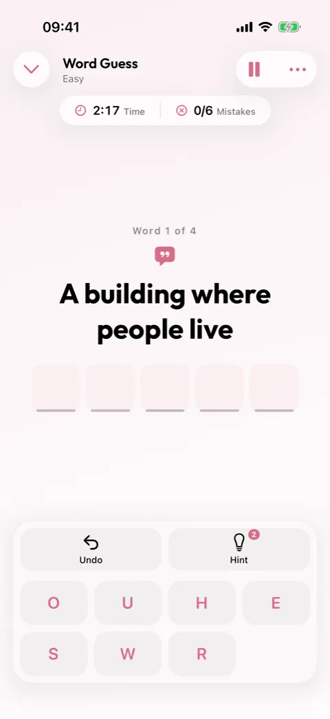 A Word Guess round in Winters Puzzles showing a clue and the letter bank