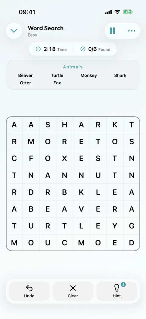 A Word Search grid in Winters Puzzles with the word list above it